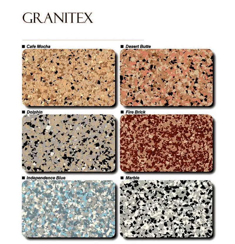 Granitex flake color chart: Cafe Mocha, Desert Butte, Dolphin, Fire Brick, Independence Blue, Marble