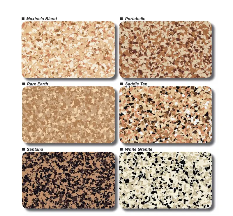 Granitex flake color chart: Maxine's Blend, Portabello, Rare Earth, Saddle Tan, Santana, White Granite
