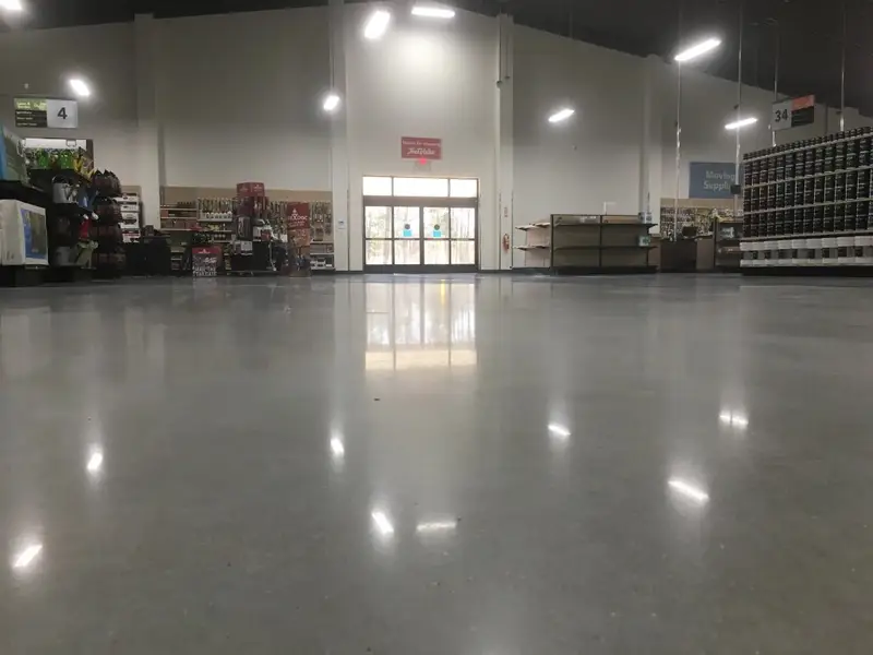 High-gloss polished concrete floor in a hardware store