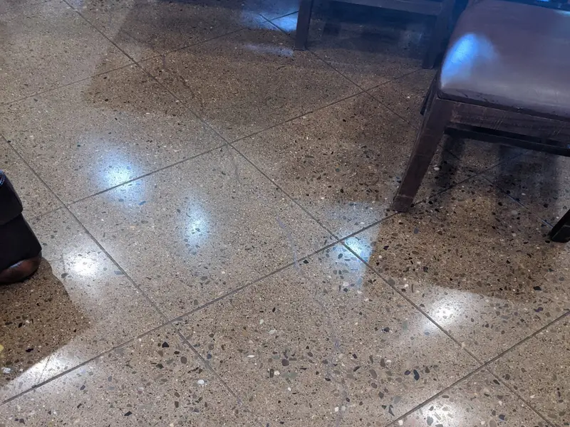 Polished concrete showing exposed aggregate with saw-cut tile lines