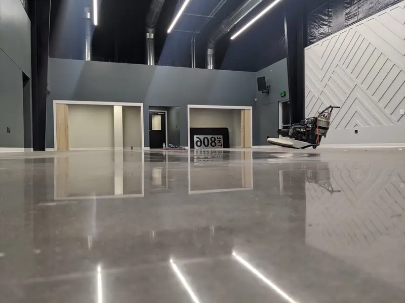 Polished concrete in a modern commercial lobby