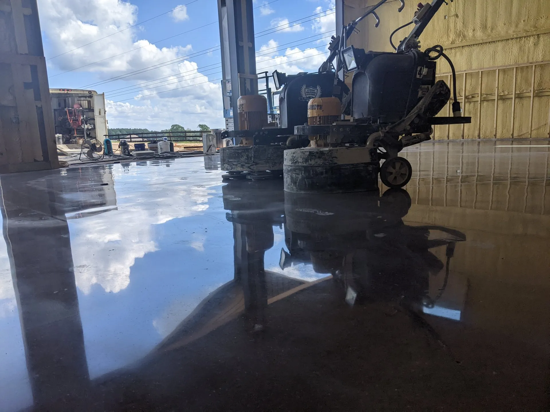 Polishing machine on a mirror-finish concrete floor