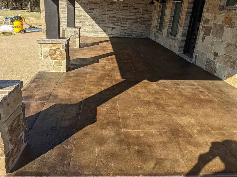 Wood-look concrete on a covered patio